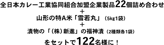 全日本カレー工業協同組合加盟企業製品22個詰め合わせ、山形のお米「雪若丸」と「つや姫」（各2㎏）、更に本年は「国際果実野菜年2021」を記念し
熊本のブランド品トマト（1Kg箱入り）ををセットで122名様に！